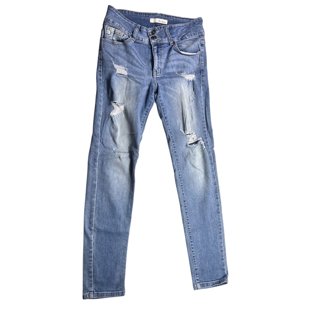 KanCan Estilo Jeans Size 28 Distressed Skinny Light Wash Double Button Denim